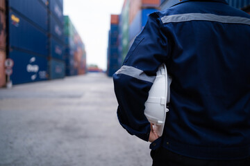 A man in a blue jacket and a white helmet is standing in front of a large container. Concept of...