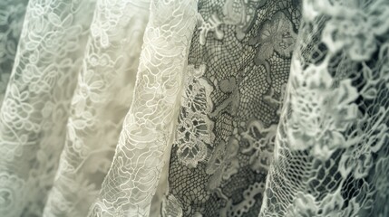 A row of white lace is displayed in a store window