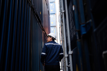 A man in a blue jacket is holding a tablet and standing in front of a large stack of containers. He...