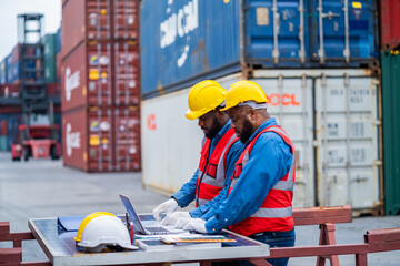Two men in safety gear are working on a laptop in front of a container ship. Concept of...