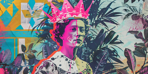Colorful Vintage Queen Portrait in Pop Art Style Against Tropical Background