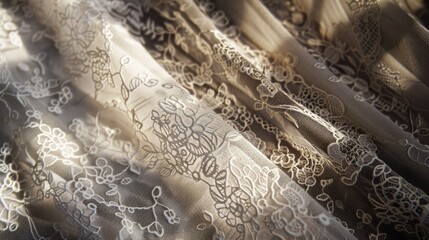 Row of white lace on display in a store window. Elegant and timeless fabric exhibit