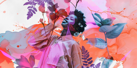 Vibrant Abstract Floral Portrait of Joyful African Woman