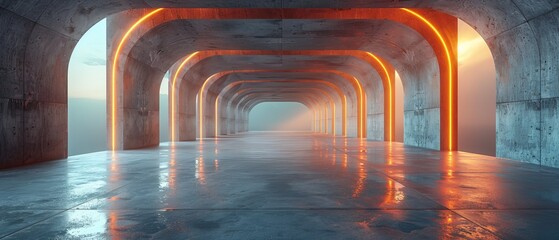 Abstract futuristic architecture with an empty concrete floor. Scene for presenting a car.