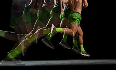 Cropped image of athletic, muscular male legs in motion, running against black background with stroboscope effect. Concept of sport, active and healthy lifestyle, endurance and strength