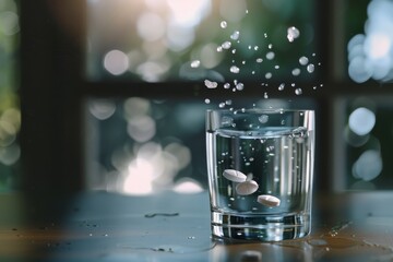 A pill dissolving in a glass of water, releasing particles into the liquid.