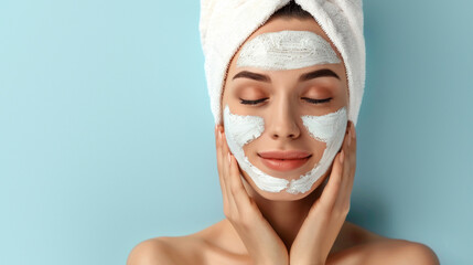 A smiling woman in a head towel indulges in a cosmetic face mask, exuding happiness and radiance