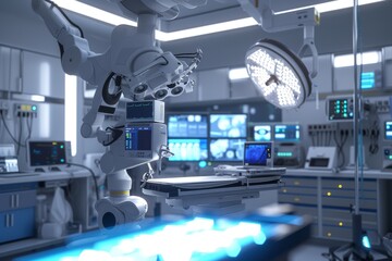 A high-tech robotic surgical system in a brightly lit operating room, with intricate tools and monitors displayed all around