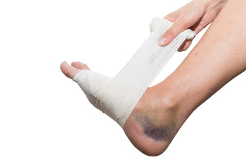 person bandaging foot, sprain, strain, inflammation, medicine
