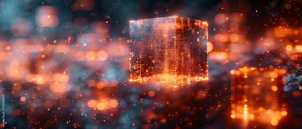 Poster An abstract block chain of abstract data communicates with the world through the internet. Cloud computing, networking, shared access. 3D rendering.