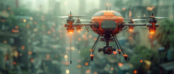 An illustration of a low pole 3D drone on a cityscape with pins. The concept of futuristic box delivery, aerial technology, city drones, logistic innovation, urban food service, quadcopter technology, - obrazy, fototapety, plakaty