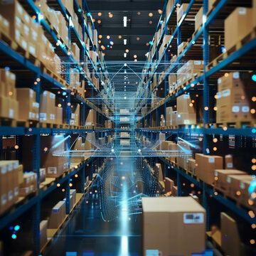 Witness the transformative power of AI generative technology in this image capturing the future of retail, where efficiency meets innovation in a futuristic technology warehouse.