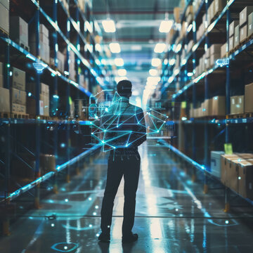 Witness the transformative power of AI generative technology in this image capturing the future of retail, where efficiency meets innovation in a futuristic technology warehouse.