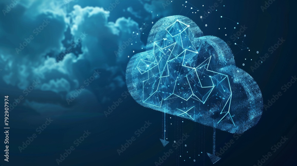 Aufkleber Technology for cloud storage depicted with polygonal wireframe and two arrows. Concept for cloud computing, big data centers, digital AI, and virtual hosting.