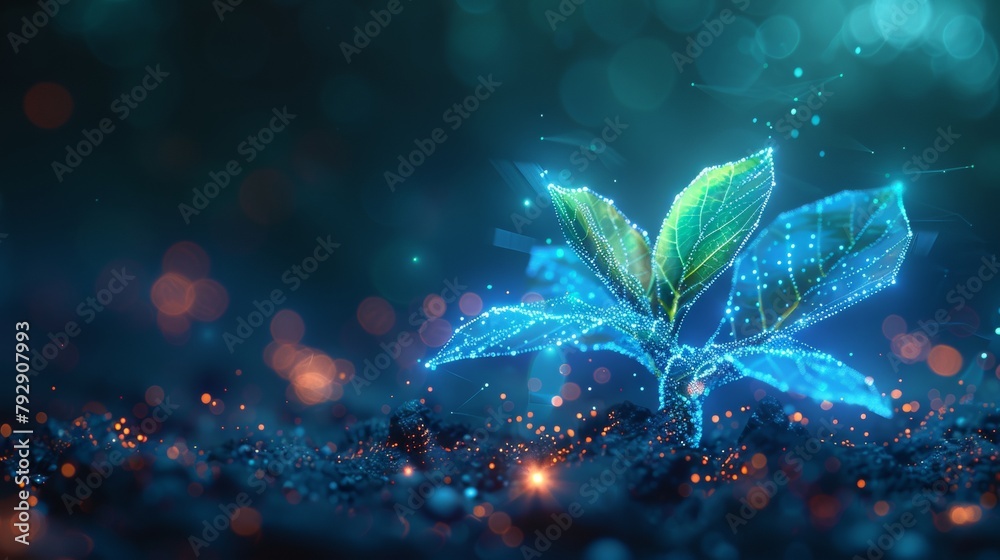 Poster growing plant sprout. biotechnology concept. low poly design. abstract blue geometric background. wi