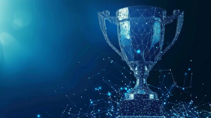 3D abstract trophy cup on blue background. Champions award, sport victory, winner prize concept. Competition success, first place, best win, celebration ceremony symbol.
