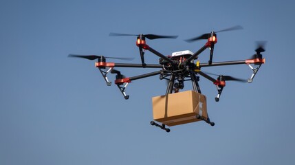 Autonomous Delivery Drone in Flight Carrying Package Against Blue Sky