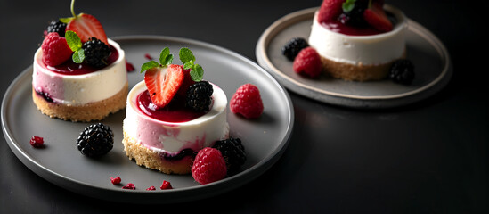 Creative food template. 3 round mini jam Cheese sponge cake cheesecake with fruit raspberry...