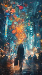 A businesswoman with a suitcase that emits mystical, glowing watercolor flowers as she walks through a bustling cityscape