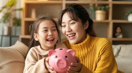 happy mother and daughter holding a pink piggy bank on a sofa, generative ai