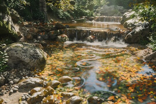 A stream in the forest has clear water flowing over rocks and fallen leaves.