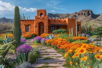 A desert adobe with a cactus garden, blooming with brilliant desert flowers - obrazy, fototapety, plakaty
