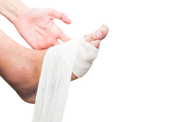 close up of bandage on foot with injury, sprain, strain, inflammation, medicine, rehabilitation