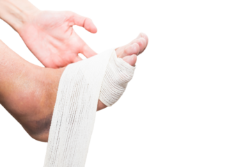 close up of bandage on foot with injury, sprain, strain, inflammation, medicine, rehabilitation