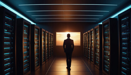 Bearded smiling system administrator is working with server rack and telecommunication equipments in data center