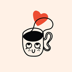 Retro doodle funny coffee character with heart poster. Vintage drink vector illustration. Latte, cappuccino, coffee cup mascot. Nostalgia 60, 70s, 80s. - 792908989