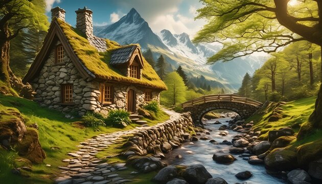 Casa de pedra próxima de riacho em um ambiente mágico
