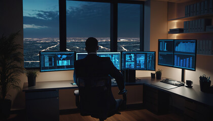An experienced system administrator or consultant checks and saves backup copies of data at the workplace in a dark evening room. The concept of network technologies
