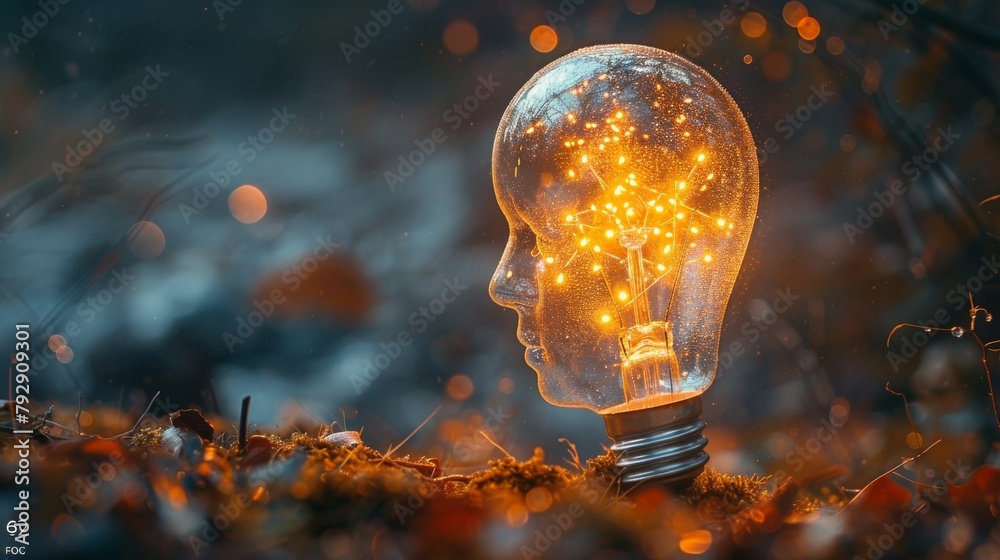 Poster An image of a human head combined with a light bulb illustrates creative thinking or deep learning