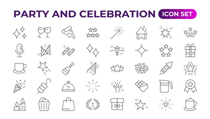 Party celebration thin line icons set. Birthdays, holidays, events, festive. Basic party elements collection. Vector simple linear design bundle of thirty happy birthday flat style and lettering.