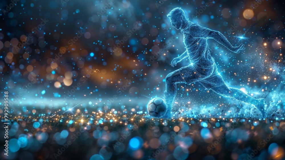 Poster soccer player dribbling a football in a wireframe low polygraphic image