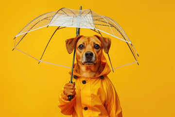 Dog in yellow raincoat holding umbrella, prepared for rainy autumn season concept - 792909517