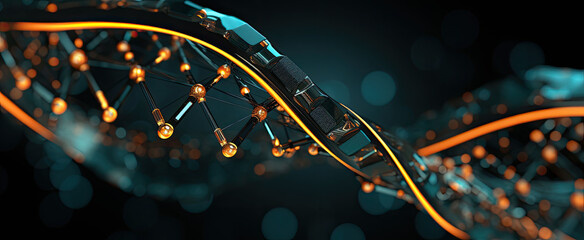 A low poly wireframe of DNA glistens with the allure of gold dust, merging science and elegance.