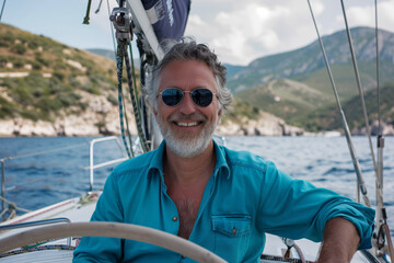 A man in a blue shirt is smiling and sitting in the driver's seat of a boat