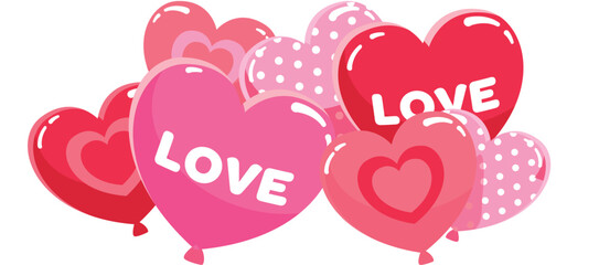 pink and red heart-shaped balloons with white dots and love written, Valentine's Day vector graphics, ideal for greeting cards, stickers, tags, sublimation, scrapbooking, decorations