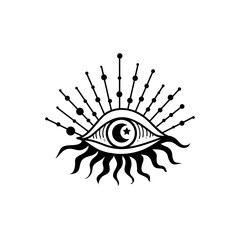 Eye boho. Lineart Vector illustration. Flower moon , Magic celestial witchcraft symbol. Masonic symbol. Hand drawn logo or emblem - 792910122
