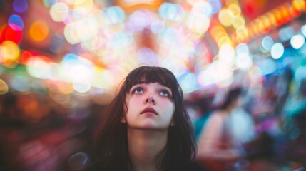 Dreamy Portrait of Young Woman with Colorful Bokeh Lights Background