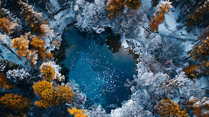 Blue geyser lake in autumn forest after snowfall. 