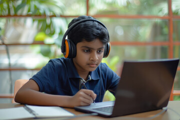An enthusiastic Indian boy, sporting wireless headphones, focuses on a learning webinar and online lecture on his laptop. Presenting at an educational conference