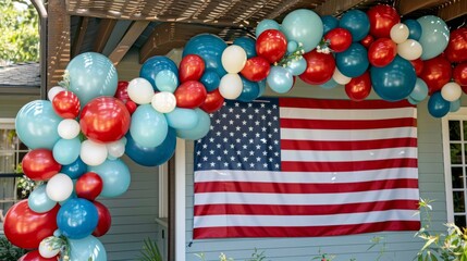 Fototapeta premium Patriotic American Flag Display with Red, White, and Blue Balloons