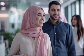 Content Arab business colleagues engage in conversation while moving through the office, showcasing their positive rapport and congeniality amidst the corporate environment.