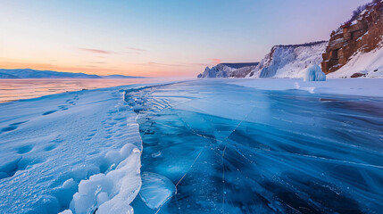 Blue ice on Baikal lake at sunrise