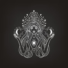 Fairy girl with space hair. Astrology and astronomy Business concept, fortune tellers, predictions, horoscope. Logo vector illustration. Witchcraft, spirituality.Monochrome - 792910743