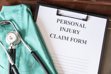 A personal injury claim form on a clipboard, accompanied by a stethoscope and medical scrubs,...
