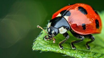 beautiful ladybug on a leaf with blurred background in high resolution