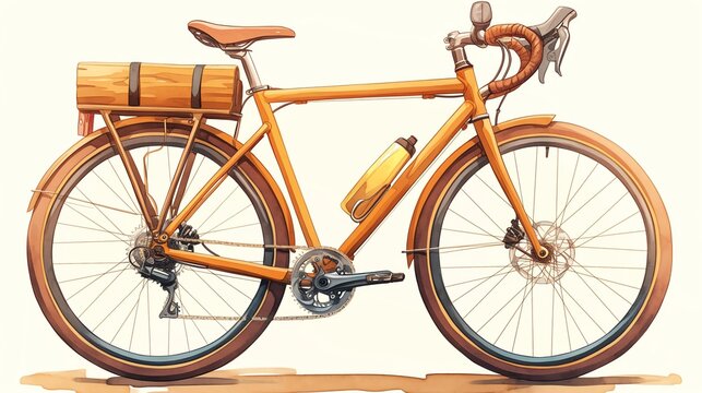 Artistic watercolor clipart of a custom road bike with a wooden rack and trim, showcasing a blend of functionality and rustic charm, single object design, isolated on white background